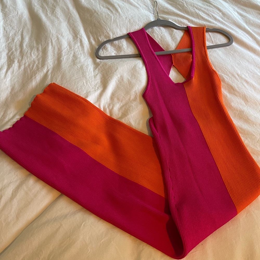Pink and Orange Body Con Midi Dress